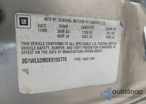 1999 Chevrolet Lumina z USA, uszkodzony, nr VIN 2G1WL52M0X9155770